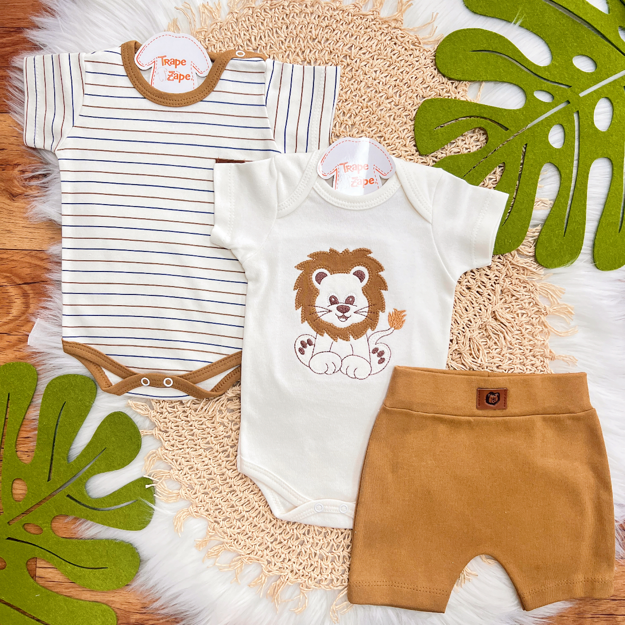 Conj. de Malha 3 peças - Leão com Juba Colorida - Off White e Ferrugem